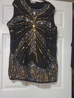 Embellished Black Sleeveless Sequin Midi Tunic Top by Sekhee Sz3X $36